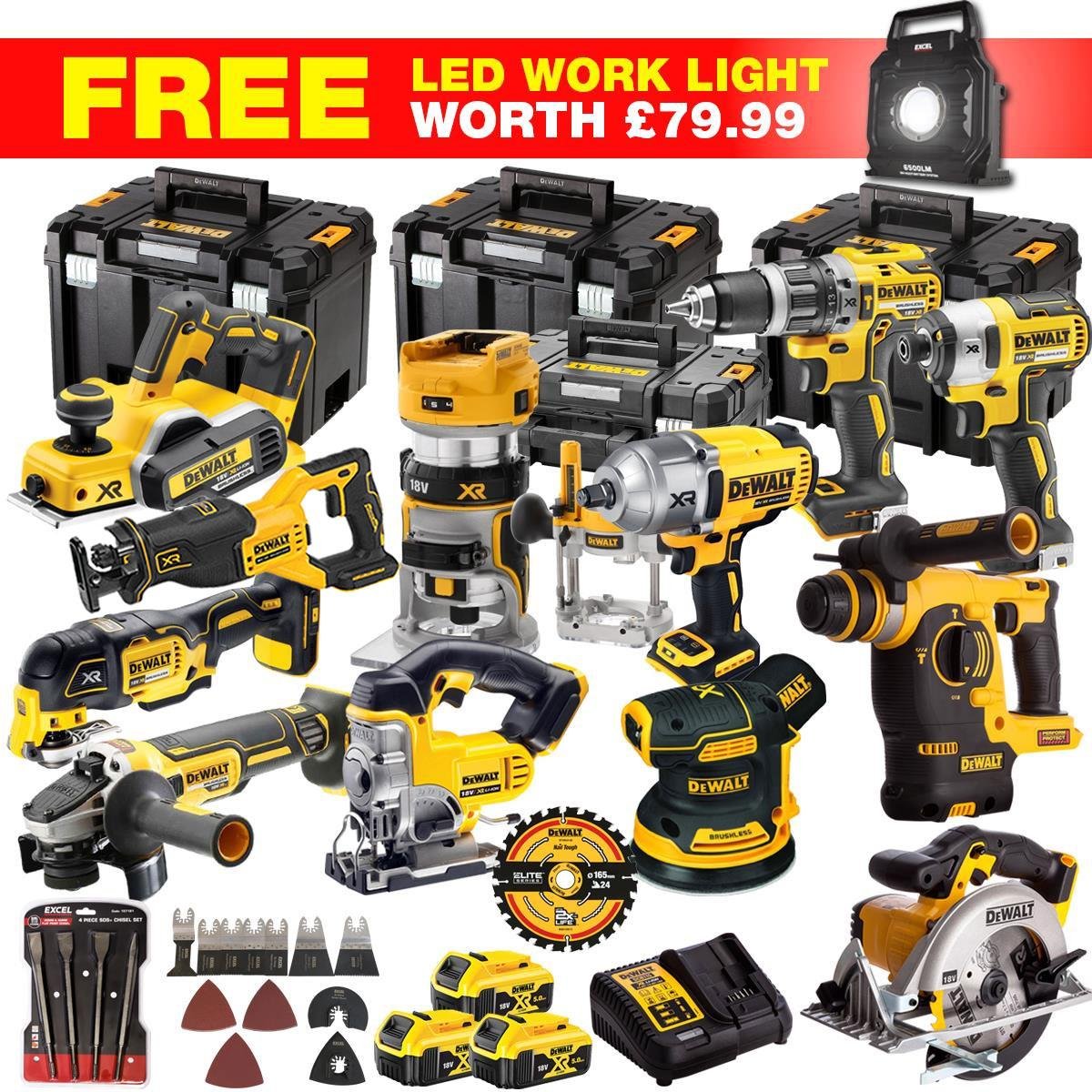 18V Cordless 13-Piece Power Tool Kit with 3 x 5.0Ah Batteries & Charger, Accessory Set incl. 240V LED Work Light - view 1