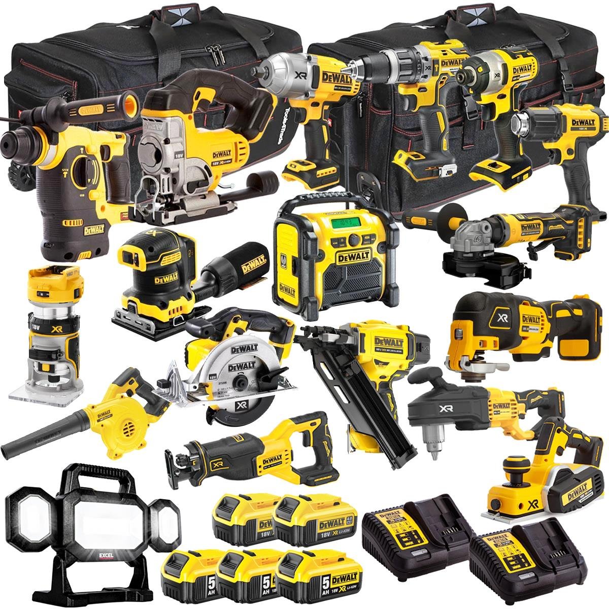 18V Cordless 18-Piece Power Tool Kit with 5 x Batteries & Charger incl. Palm Sander & First Fix Framing Nailer - view 1