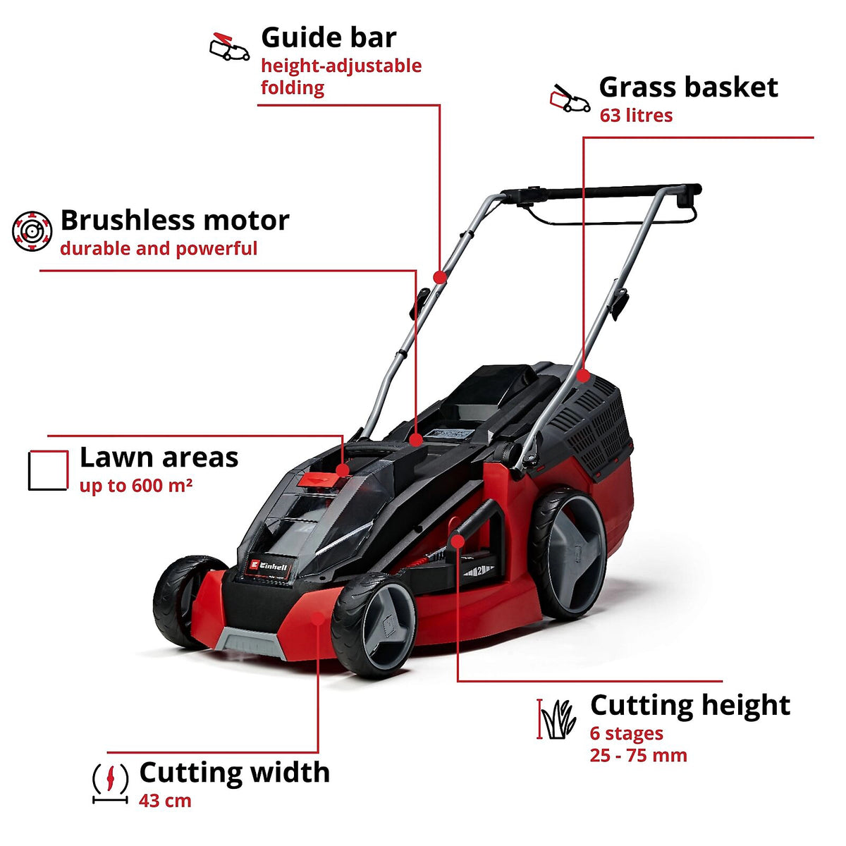 Einhell 43cm Cordless Lawn Mower 36V With Battery And Charger Rotary Lawnmower 63L GE-CM 43 Li M Kit PXC Power X-Change - view 8