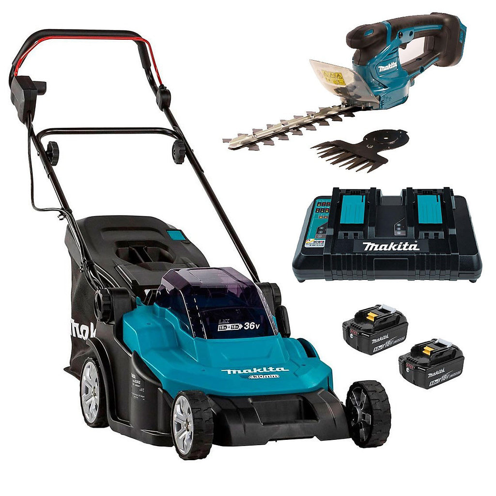 Makita DLM432PT2 Twin 18v / 36v LXT Cordless 43cm Lawn Mower + Hedge Trimmer 5AH - view 1