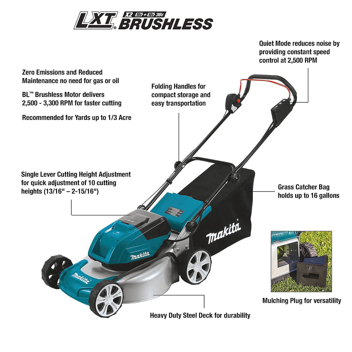 Makita DLM460Z 18v / 36v LXT Cordless Lawn Mower 2 x 6.0ah Battery + Charger - view 3